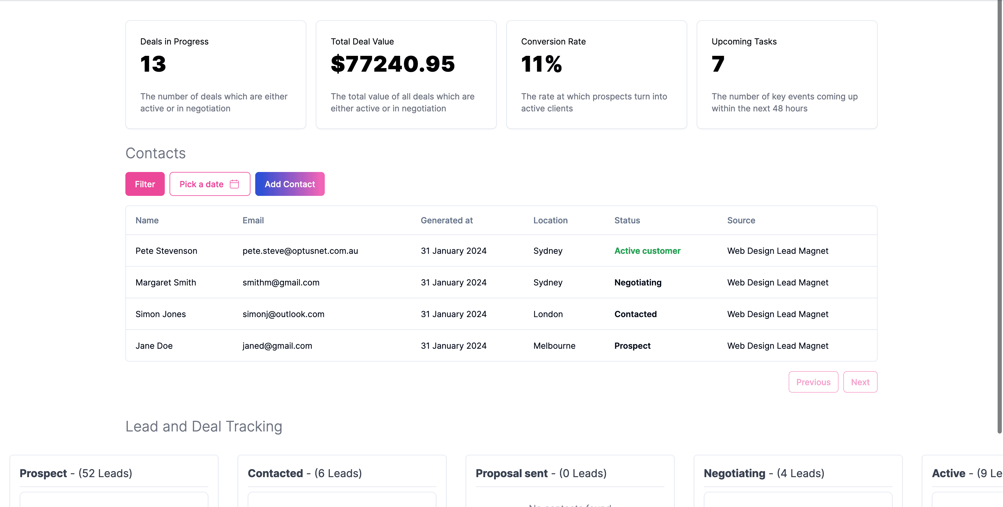 A screenshot of the MagnificentAI CRM feature, which directly integrates with AI lead magnets to help keep track of contacts