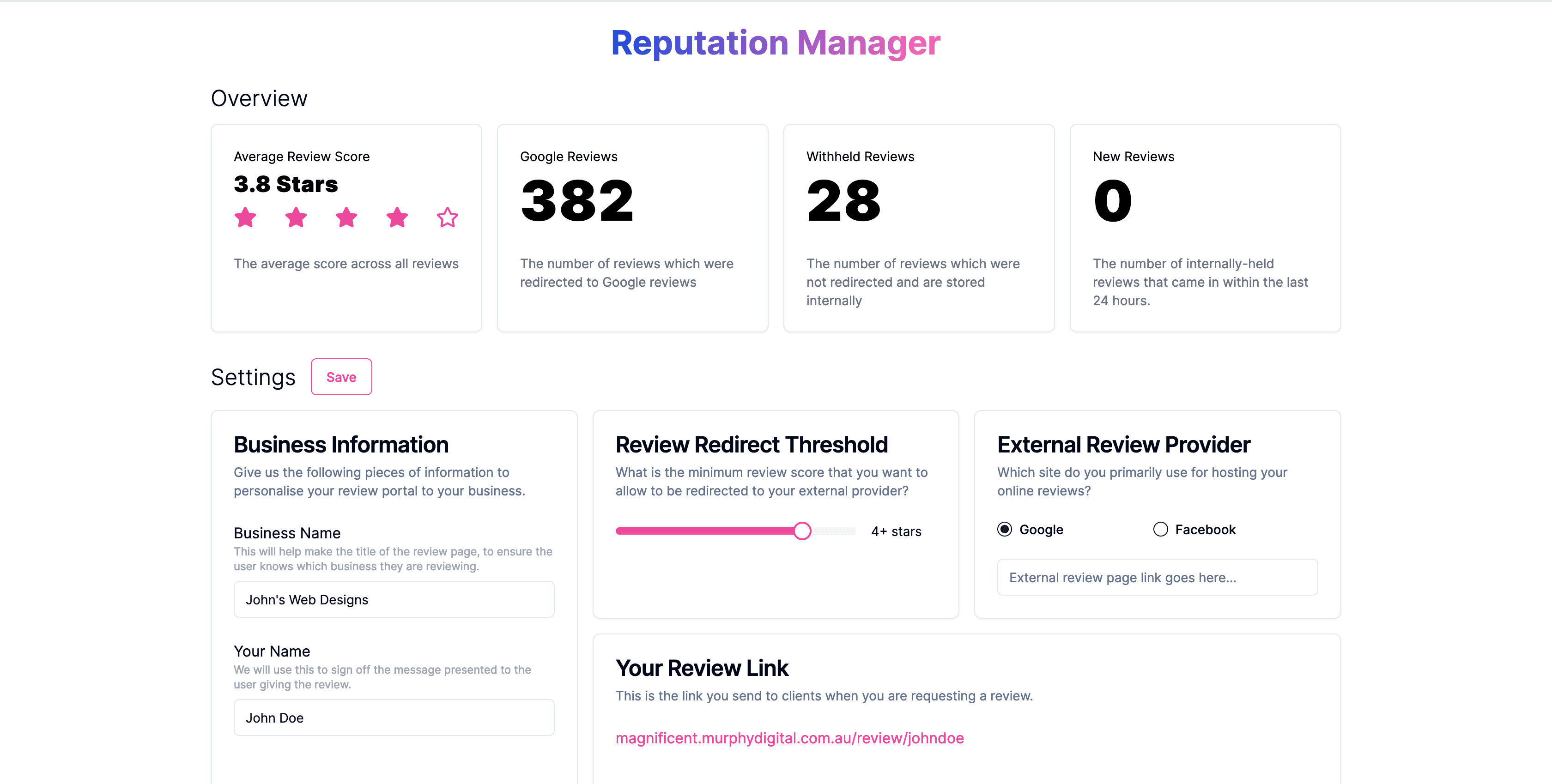 The reputation manager in the MagnificentAI marketing suite, helping business owners manage their online reputation by managing reviews