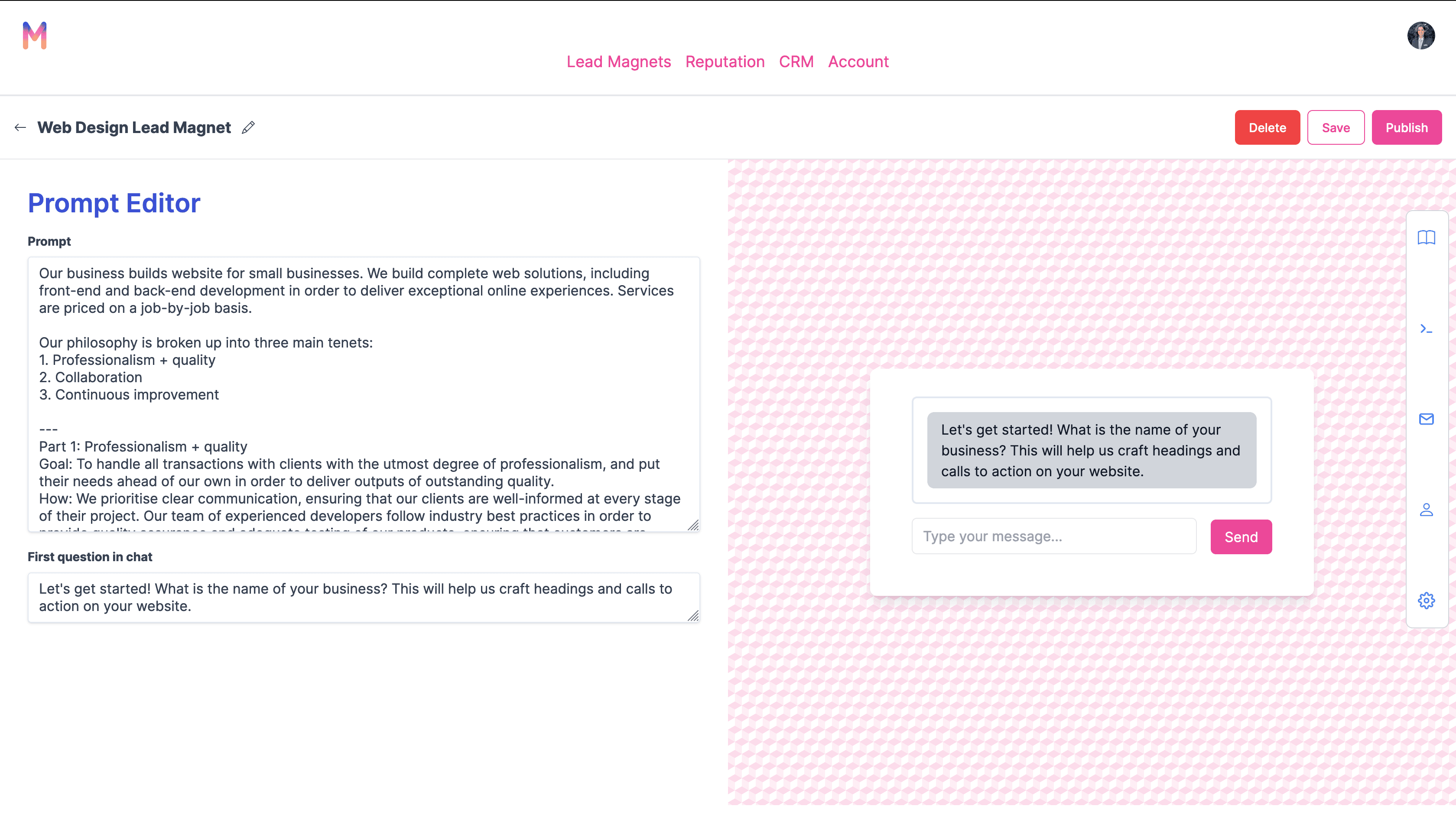 The Prompt Editor for the AI Lead magnets created in the MagnificentAI interface, allowing business owners to create dynamic AI experiences for customers